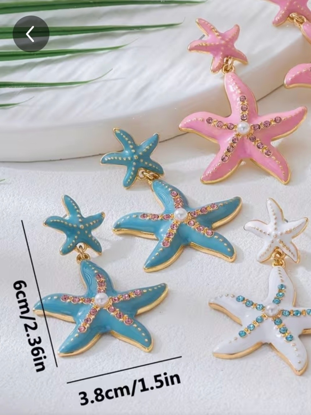 NWT White & Gold Starfish Drop Earrings with Aqua Crystals, Summer Jewelry - Picture 5 of 5